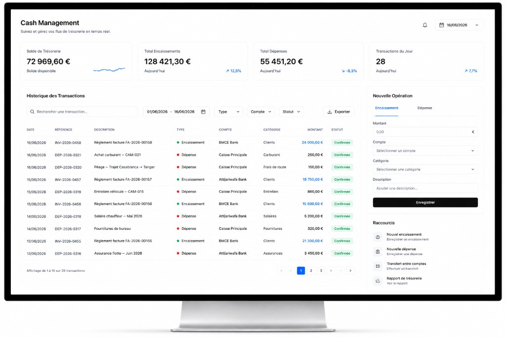 Interface de suivi des encaissements et décaissements