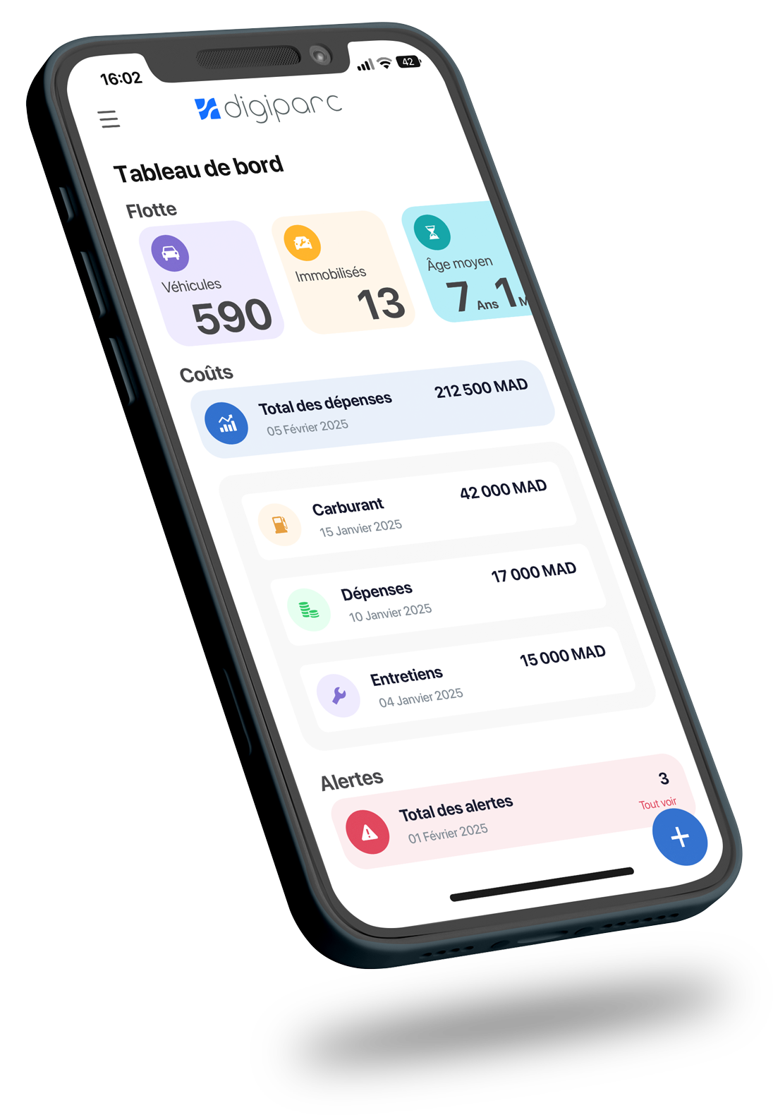 تطبيق Digiparc للجوال: لوحة الأسطول والتكاليف والتنبيهات على الهاتف