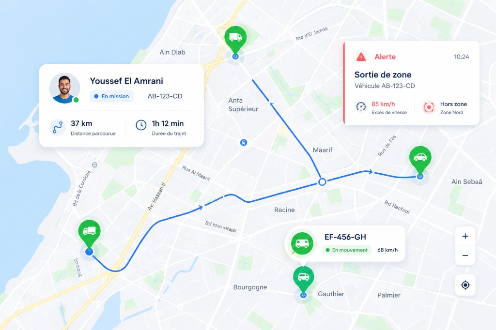 Animation de géolocalisation des véhicules sur la carte Digiparc