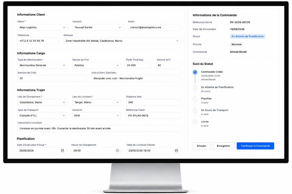 Bons de commande clients pour le transport BTP sur Digiparc